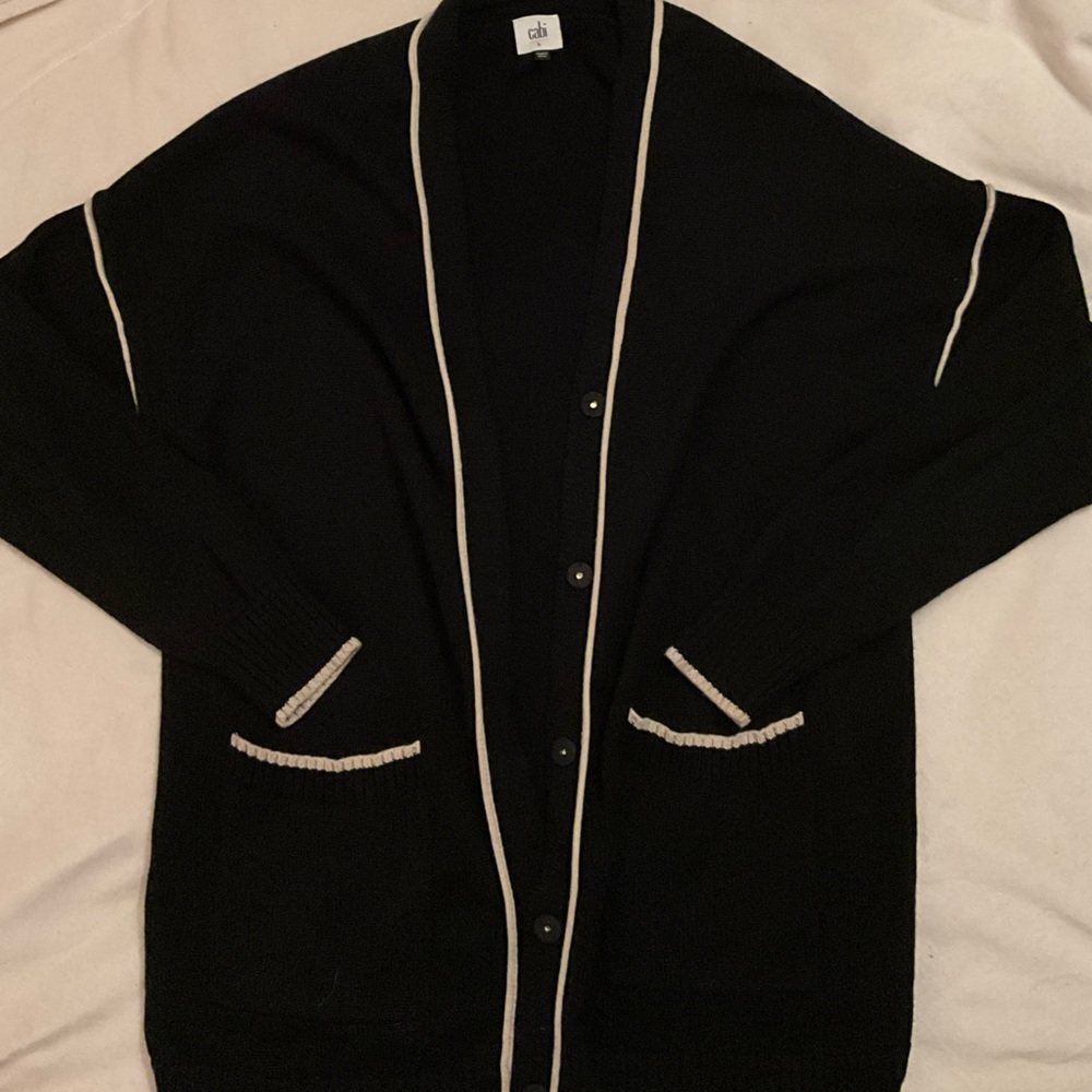 CAbi Slouchy Long Cardigan Black with Cream Piping and POCKETS Size Large